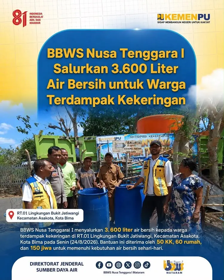 BBWS Nusa Tenggara I Mataram Salurkan 3.600 Liter Air Bersih untuk Warga Terdampak Kekeringan