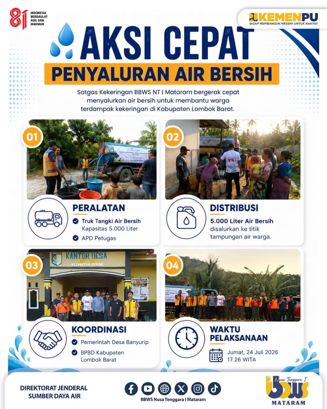 Respon Cepat Penanganan Bencana Kekeringan di Lombok Barat  BBWS Nusa Tenggara I Mataram melalui Satgas Kekeringan