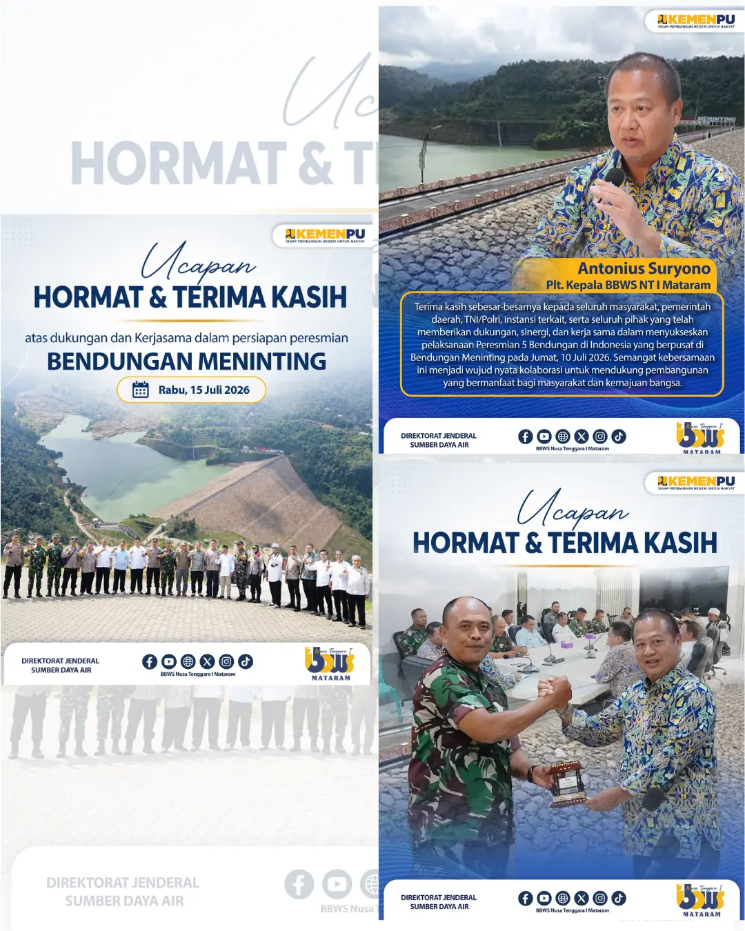 Hormat dan Terima Kasih atas Sinergi dan Kolaborasi untuk Suksesnya Peresmian Bendungan Meninting