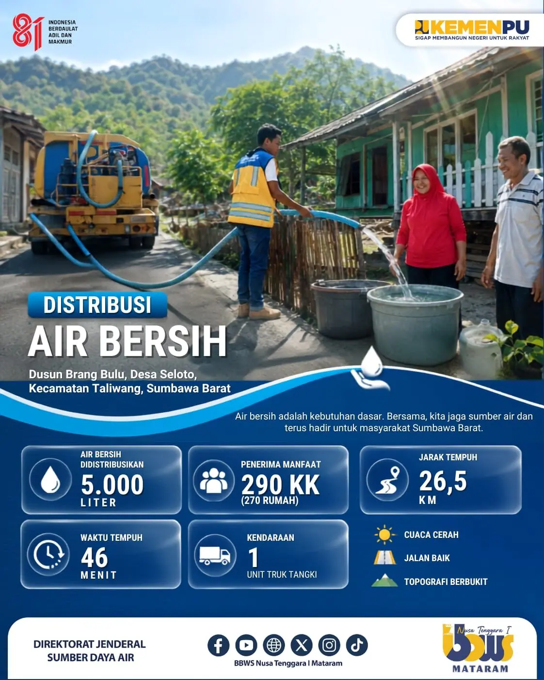 Distribusi Air Bersih untuk Masyarakat Dusun Brang Bulu, Desa Seloto, BBWS Nusa Tenggara I Mataram