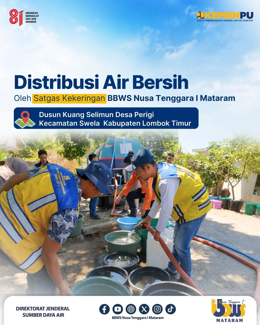 Distribusi Air Bersih untuk Warga Terdampak Kekeringan, Dusun Kuang Selimun, Desa Perigi, Kecamatan Suela, Lombok Timur 