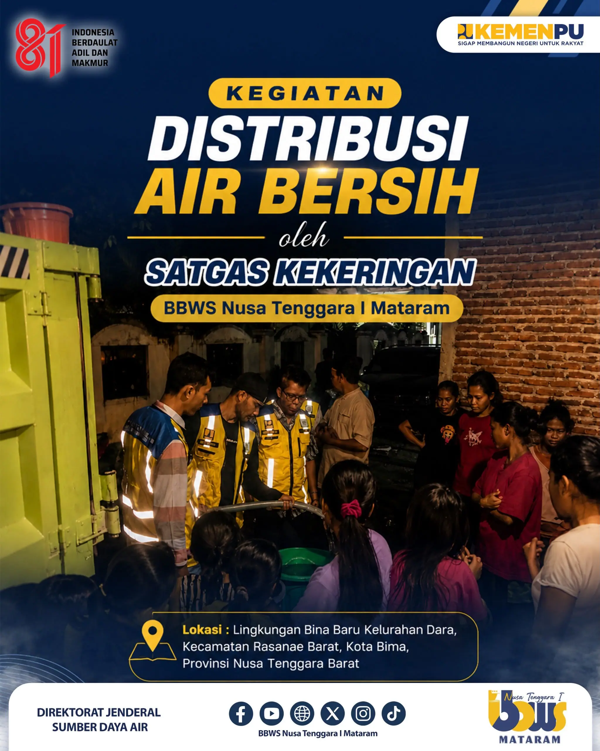 Distribusi Air Bersih untuk Masyarakat Kota Bima  Satgas Kekeringan BBWS Nusa Tenggara I Mataram