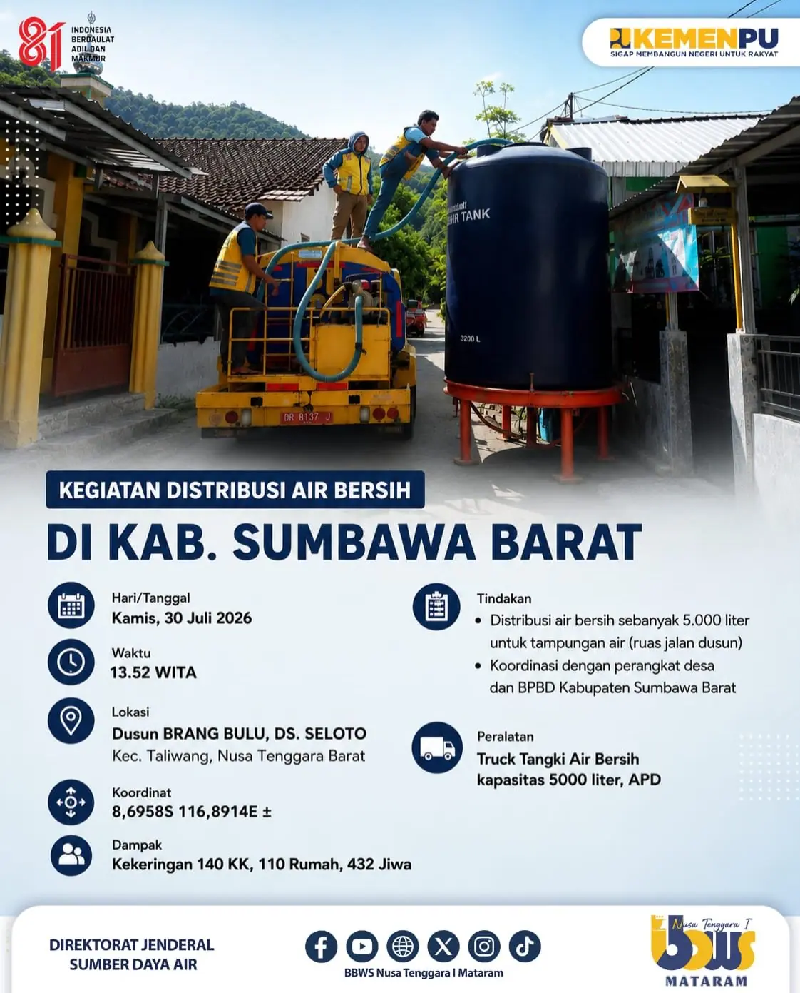 Distribusi Air Bersih untuk Warga Terdampak Kekeringan di Kabupaten Sumbawa Barat