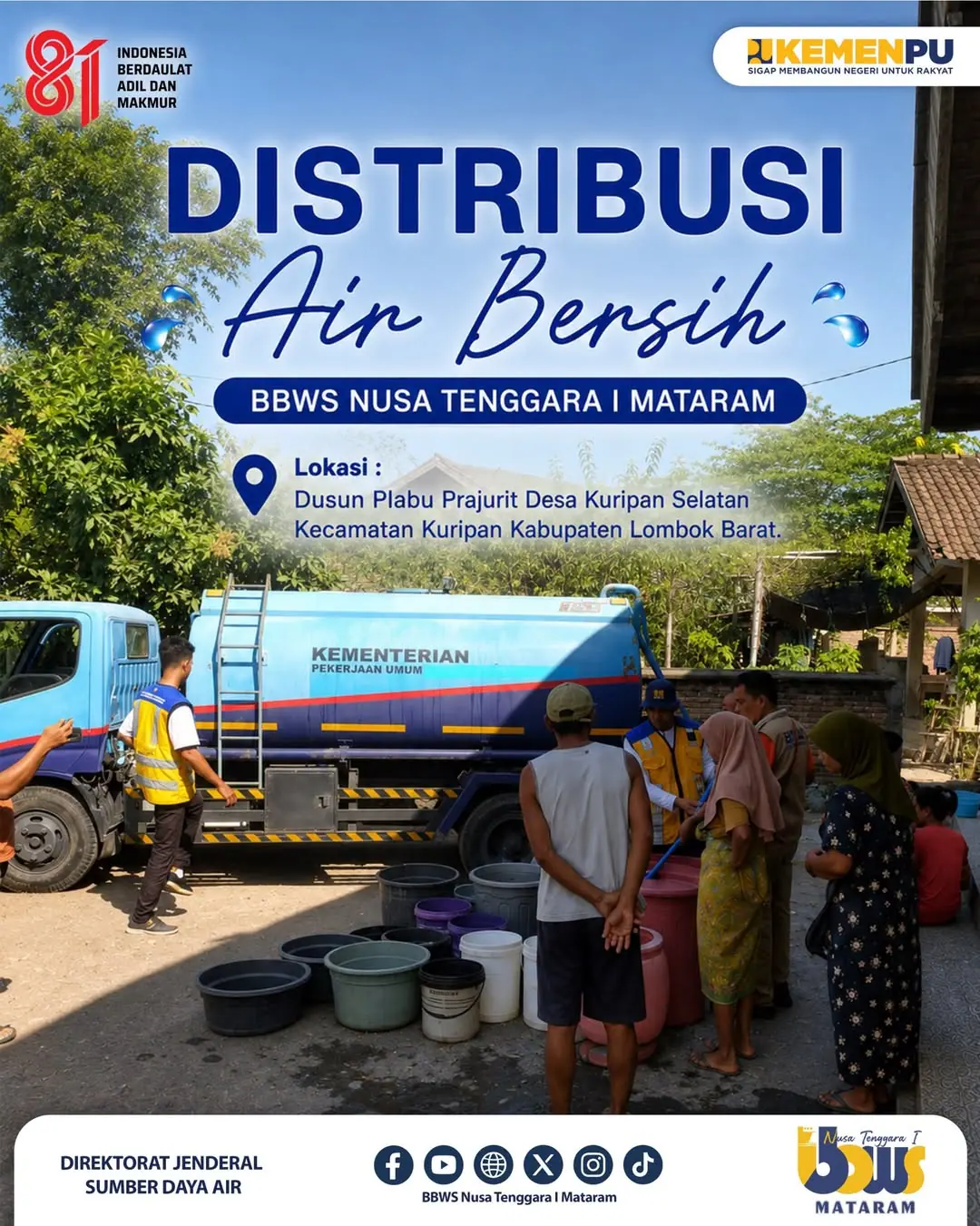 Distribusi Air Bersih untuk Masyarakat,  BBWS Nusa Tenggara I Mataram Terus Hadir