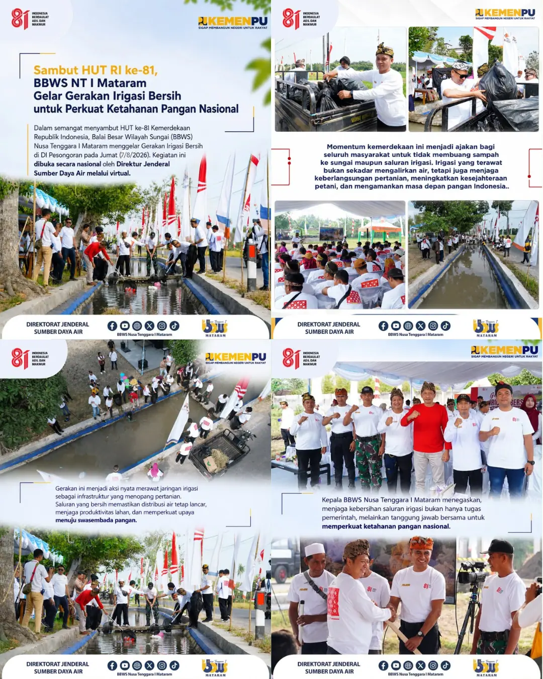 Sambut HUT RI ke-81, BBWS NT I Mataram Gelar Gerakan Irigasi Bersih untuk Perkuat Ketahanan Pangan Nasional