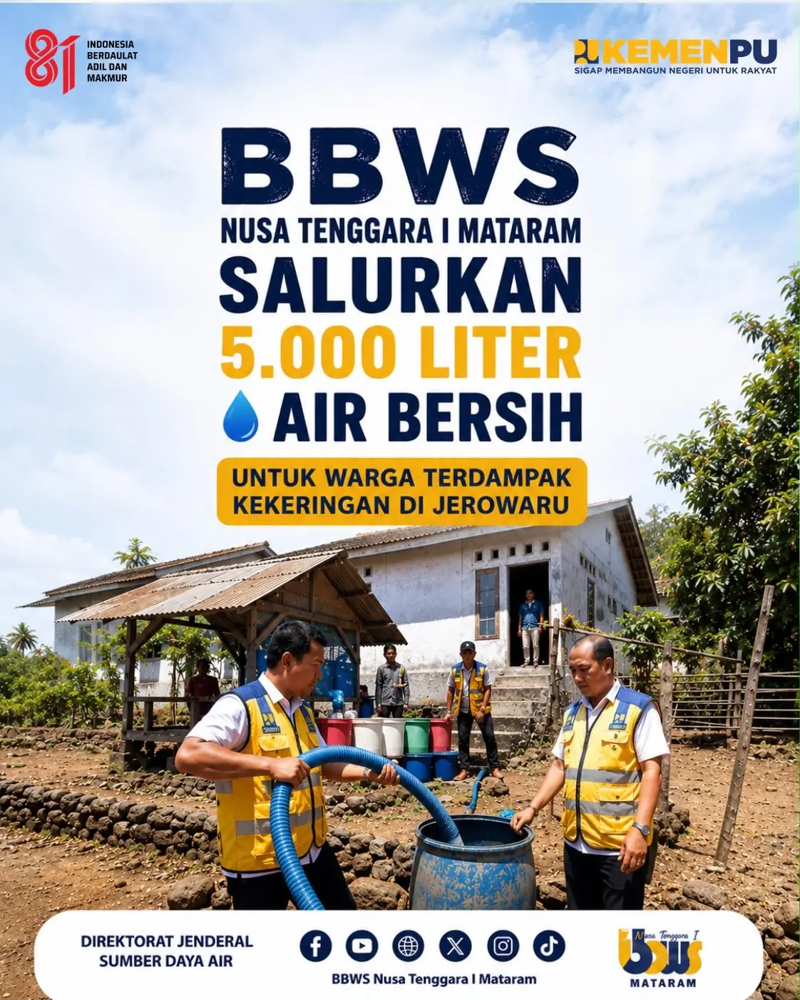 BBWS Nusa Tenggara I Mataram Salurkan 5.000 Liter Air Bersih untuk Warga Terdampak Kekeringan di Jerowaru