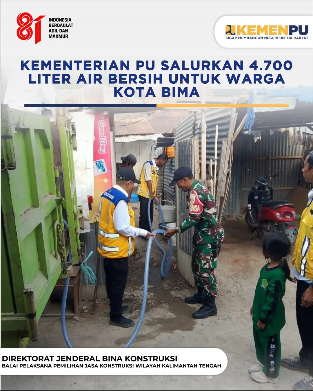 Kementerian PU melalui BBWS Nusa Tenggara I Mataram Salurkan 4.700 L Air Bersih untuk Warga Kota Bima