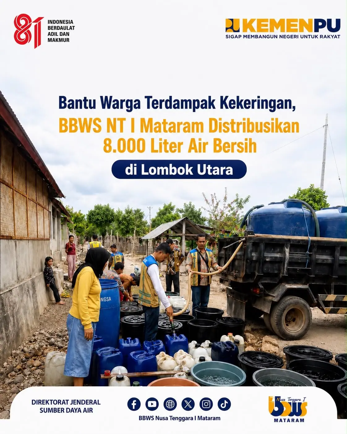 Bantu Warga Terdampak Kekeringan, BBWS NT I Distribusikan 8.000 Liter Air Bersih di Lombok Utara,  BBWS Nusa Tenggara I Mataram