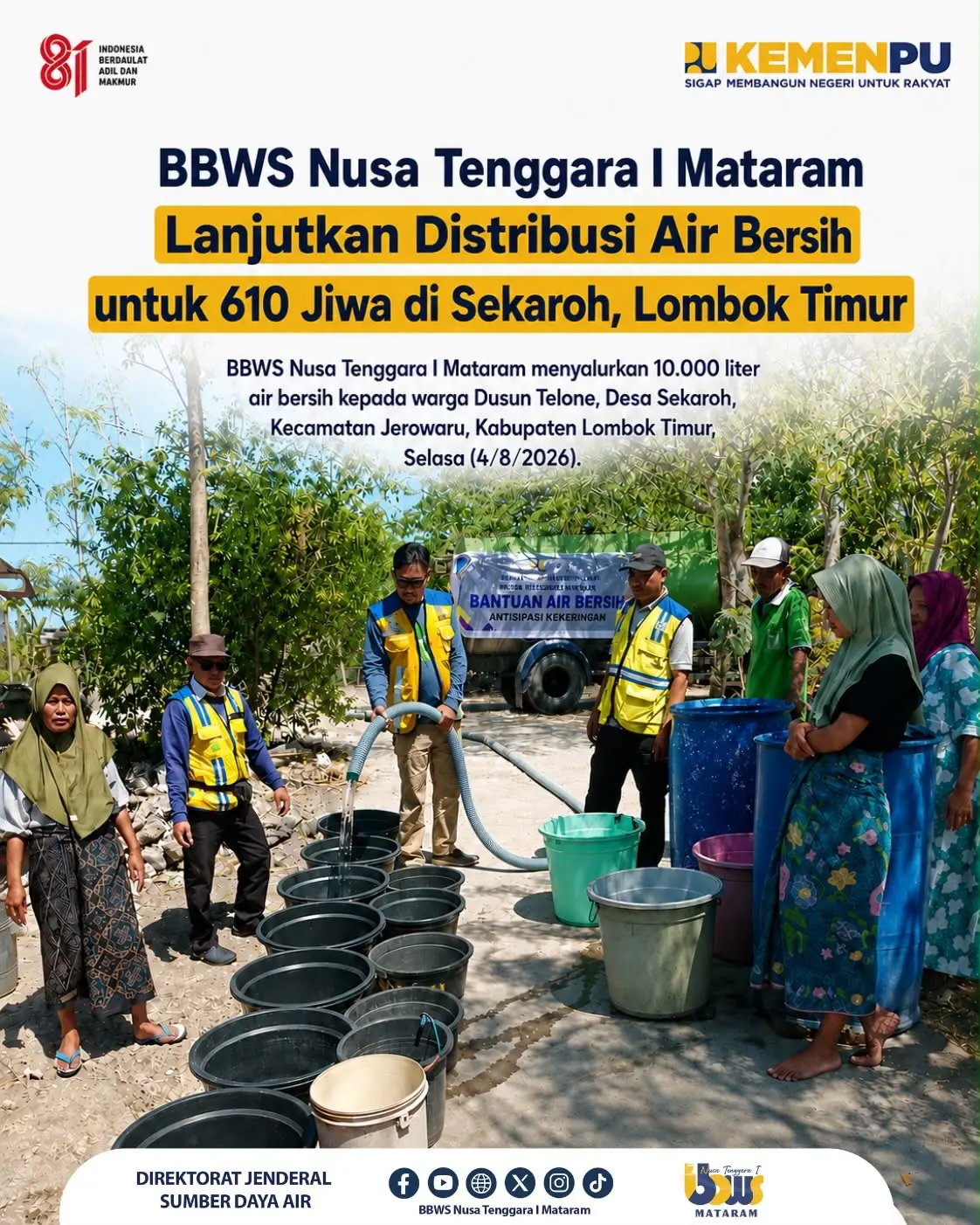 BBWS Nusa Tenggara I Lanjutkan Distribusi Air Bersih untuk 610 Jiwa di Sekaroh, Lombok Timur