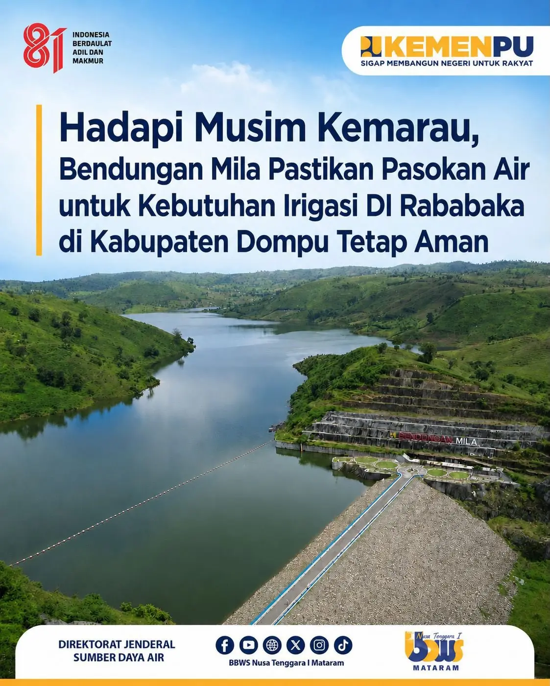 Hadapi Musim Kemarau, Bendungan Mila Pastikan Pasokan Air Irigasi DI Rababaka Tetap Aman