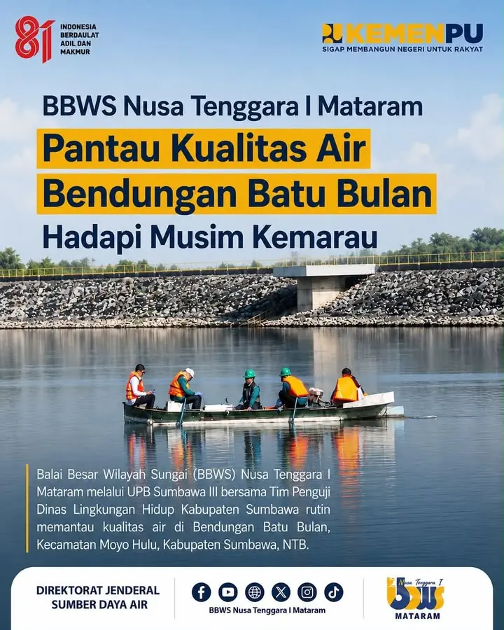BBWS Nusa Tenggara I Mataram Pantau Kualitas Air Bendungan Batu Bulan Hadapi Musim Kemarau