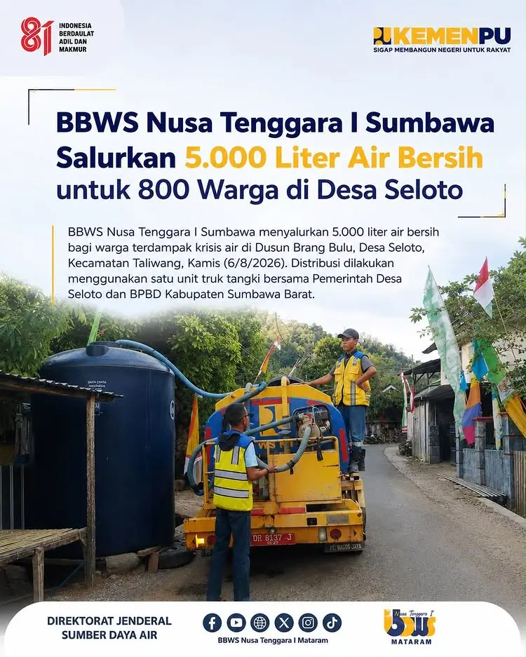 BBWS Nusa Tenggara I Sumbawa Salurkan 5.000 Liter Air Bersih untuk 800 Warga di Desa Seloto
