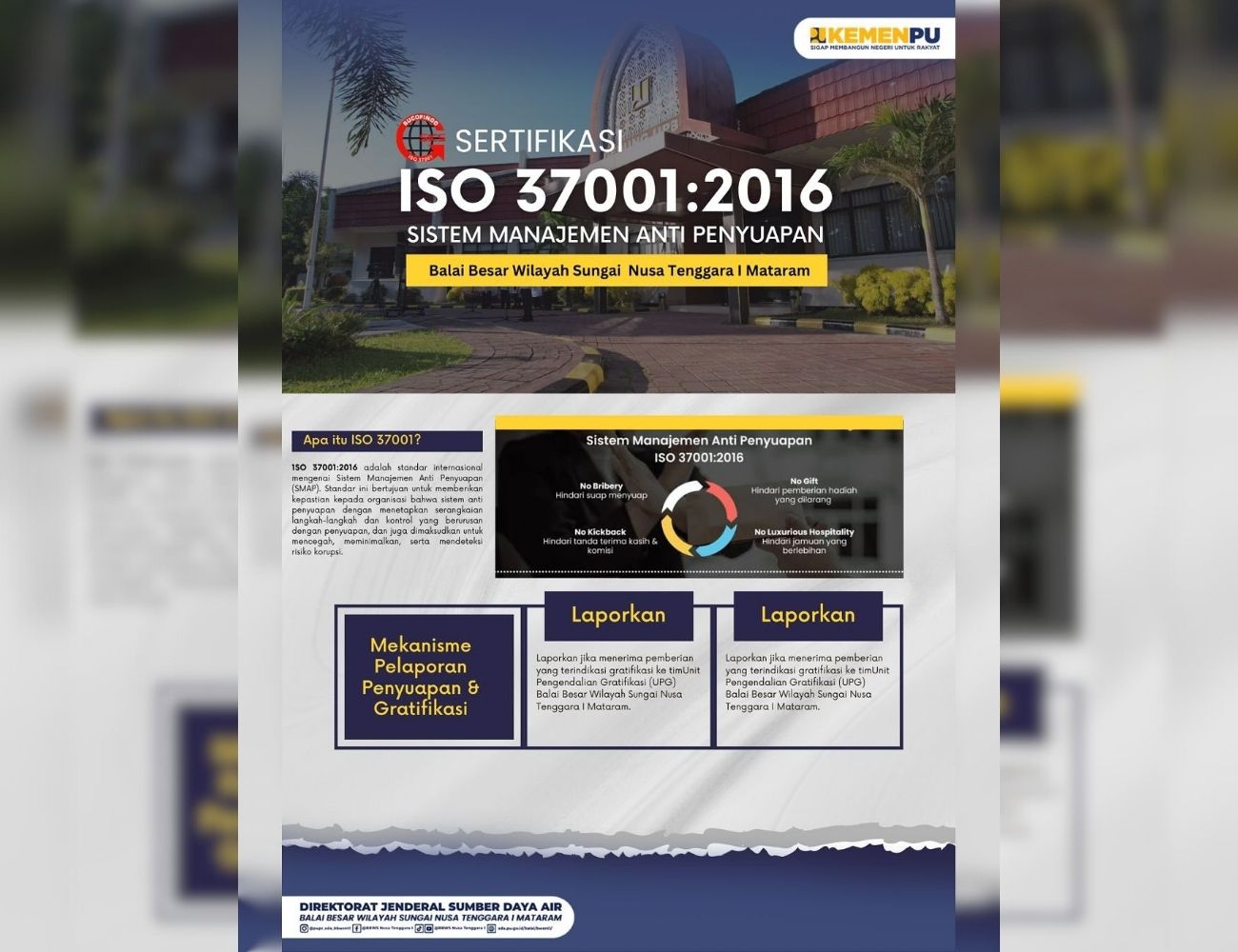 Balai Besar Wilayah Sungai Nusa Tenggara I Mataram meraih Sertifikasi ISO 37001:2016 Sistem Manajemen Anti Penyuapan 